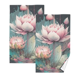 ZENWAWA Hand Towels (Beautiful Lotus) 2 Pack, Cotton Bath Towels Drying Face Hands Body Decorative Thin Water Absorbent Lightweight Quickdry Washcloth for Bathroom Ktichen Travel Gym 16×28 in