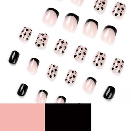 Short Press on Nails with Black Heart Design Valentine Fake Nails Black French Nail Tips Medium Square Nail for Women Girls Acrylic False Nail Kits Static Stick on Nails Reusable Full Cover 24Pcs