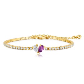 Birthstone Tennis Bracelet for Women - 14k Gold Plated Adjustable 2mm Tennis Chain with February Created Amethyst Brithstone Heart Bracelets for Her Mom Wife Girlfriend Anniversary Birthday Gift