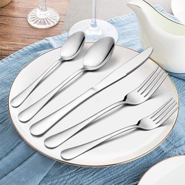 60-Piece Silverware Flatware Set, E-far Stainless Steel Dinner Cutlery Utensil Set Service for 12, Suitable for Home/Restaurant/Hotel/Party, Simple Design, Mirror Finished - Dishwasher Safe