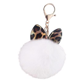 White Fang AZ094 Women's Key Ring Charm Keychain Cat Ears Cat Leopard Pattern Fluffy, white