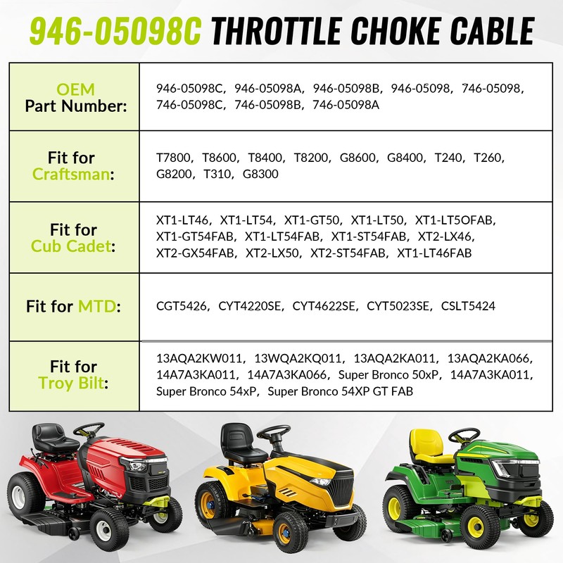 946-05098c Throttle Choke Cable for Cub Cadet XT1 LT46 LT50