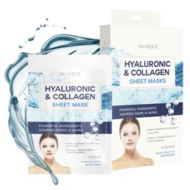 Skin 2.0 Skin 2.0 Hyaluronic Acid & Collagen Sheet Mask - Hydrating, Anti-Aging, Skin Firming - Dermatologist Tested Korean Skincare - Clean Beauty, Natural Ingredients, Cruelty-Free, All Skin Types - 5 Masks