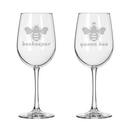 MIP Set of 2 Wine Glass for Red or White Wine Gift Queen Bee Beekeeper Funny Couple His and Her Bride and Groom Wedding Anniversary (16 oz Tall Stemmed)