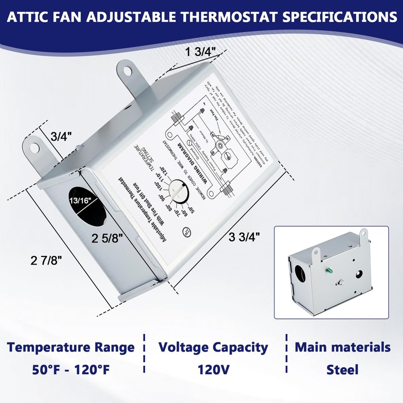 Hiorucet 58034 Attic Fan Adjustable Thermostat, Attic Fan Thermostat Control