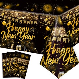 3 Tablecloths New Year's Eve Decoration 2025, 108 x 54 Inches Happy New Year Tablecloths 2025 New Year Tablecloths, Black and Gold Party Tablecloth for New Year Party Happy New Year Decoration 2025