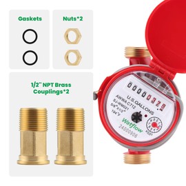 Watflow DN15 Water Meter 1/2" NPT, AWWA C712 Certification Gallon Water Flow Meter with Pulse Output, Hot Water Meter for Garden/Home/Apartment, Horizontal Install.