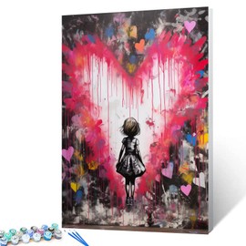 Tucocoo Banksy Little Girl's Back Paint by Number Kits for Adults Canvas Heart Shaped DIY Acrylic Oil Painting Paints Pigment Street Arts Crafts for Home Wall Decor Gifts 16x20inch Frame