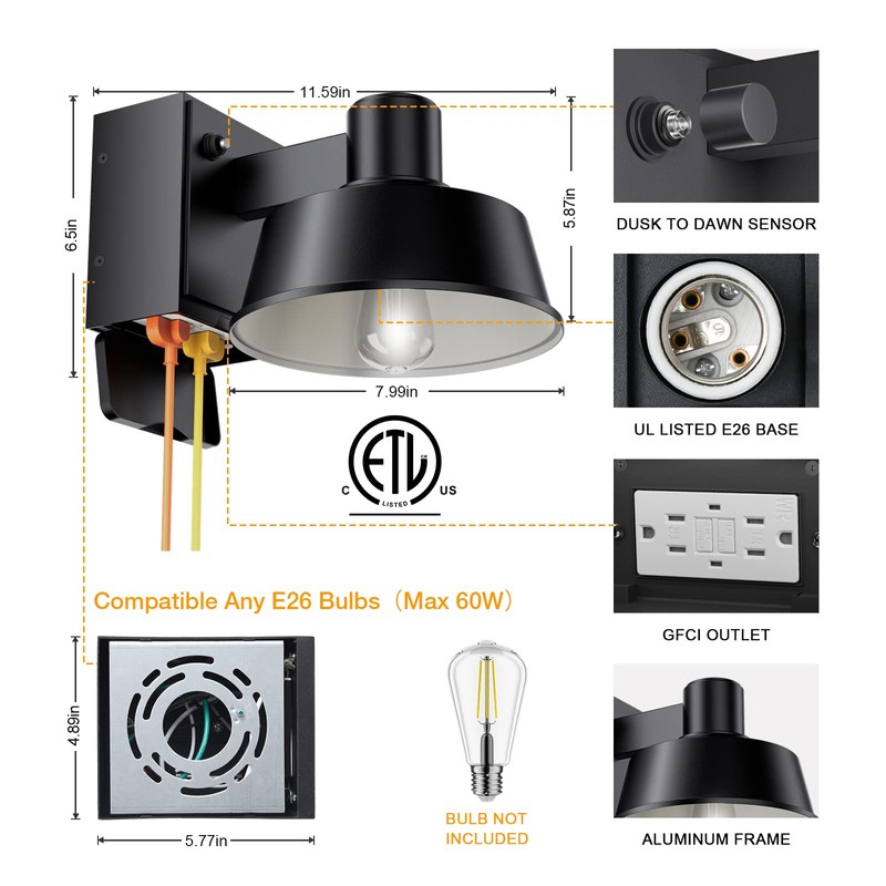 Ehaho Porch Lights with Outlet, Dusk to Dawn Outdoor Light