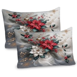 Ambesonne Christmas Pillow Sham Set of 2, Delicate Poinsettia Flowers and Toyon Xmas Berries with Feathers, Quality Microfiber Bedding Item for All Seasons, 30" x 20", Slate Blue and Dark Coral