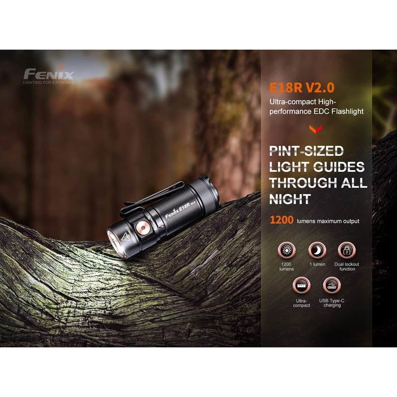Fenix E18R V2.0 EDC Flashlight, 1200 Lumens USB-C Rechargeable Ultra