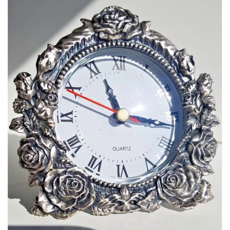 Rose Clock/ Pewter Desk Clock/ Portable Clock/ Floral Clock