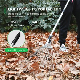 VIVOSUN 2-Piece Leaf Rake Set - Adjustable Garden/Camping Rake with 15/9 Tines, Collapsing Tines & Telescopic Handle (64'' & 30'')