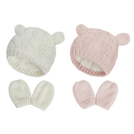 Fynnsure Baby Hat Glove Set Soft Newborn Mittens Baby Girl Boys Knitted Toddler Cap Infant Winter Beanie Mitten Sets White & Pink S