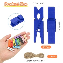PATIKIL 1.4" Wooden Colored Clothes Pins, 50Pcs Mini Colorful Wooden Clothes Clips with 32Ft Jute Twine Strong Grip Photo Clips for Pictures Hanging Clothes Decorative Crafts, Sapphire