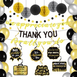 We Appreciate You Decorations,Pre-Strung Black Gold Thank You for All You Do Banner,Work Office Party Decoration for Employee Worker Staff Teacher Appreciation Farewell Party Decor