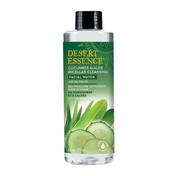 Desert Essence Facial Water - Cucumber & Aloe Micellar w/Tea Tree Oil - 8 Fl Oz - Micellar Cleansing - Calms Irritated Skin - Revitalized & Refreshed