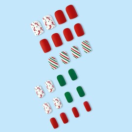 Christmas Press on Nails Christmas Fake Nails Winter Cute Christmas Nails Xmas Snowman Acrylic Nails Press on False Nails for Women Green Red (Red A, 0.04 ml (Pack of 24))