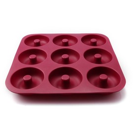 Large Silicone Donut Pan for Baking, 9 Cavity Non-Stick Food Grade Silicone Donut Molds, Doughnut Pan and Bagel Pans for Baking & Kitchen Baking, BPA Free 11.2 x 11.1 Inches, Dishwasher Safe - Red