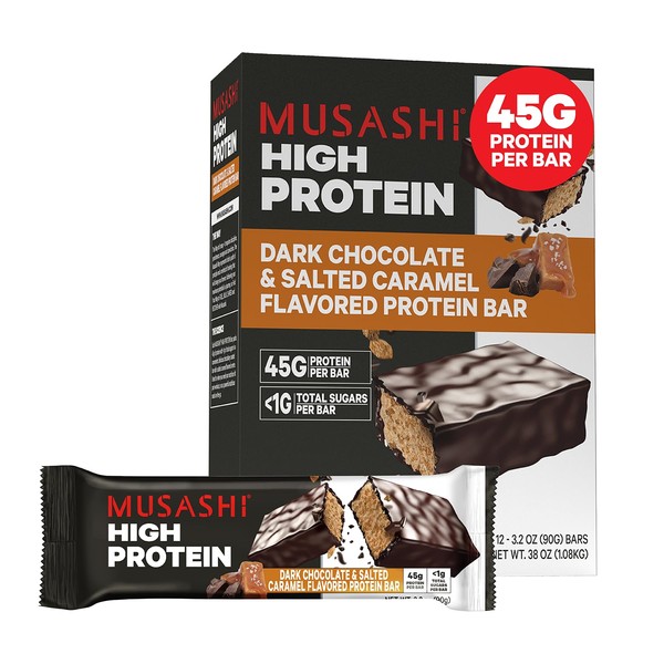 MUSASHI High Protein Bar, 45g Protein, <1g Total Sugars, Dark