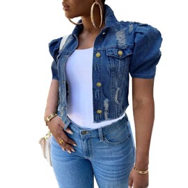 PAODIKUAI Women's Casual Puff Sleeve Frayed Slim Cropped Denim Jean Jacket (Dark blue Short sleeve, Small)