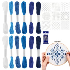 41 Pcs Sashiko Thread Kit Includes 12 Blue Sashiko Thread 9 Templates and 20 Needles, Cotton 8.75 Yards/8 M Each, Embroidery Accessories for Denim Mending Sewing Hand Quilting Supplies