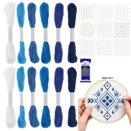 41 Pcs Sashiko Thread Kit Includes 12 Blue Sashiko Thread 9 Templates and 20 Needles, Cotton 8.75 Yards/8 M Each, Embroidery Accessories for Denim Mending Sewing Hand Quilting Supplies