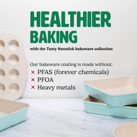 Tasty Smart Solutions Bakeware, 17-Inch x 11-Inch 3-Section Roasting Pan, Durable Carbon Steel for Even Cooking, Premium Nonstick Coating, Divided Design for One-Pan Meals, Dishwasher Safe, Aqua