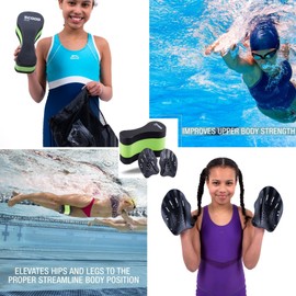 Pull Buoy + Hand Paddles set for Adults and Kids Swimming Aid Accessories for Strength Training Swim Floats Pool Exercise Equipment Kit for Men Women Children and Junior Sea Open Water Aids (2, Kids)