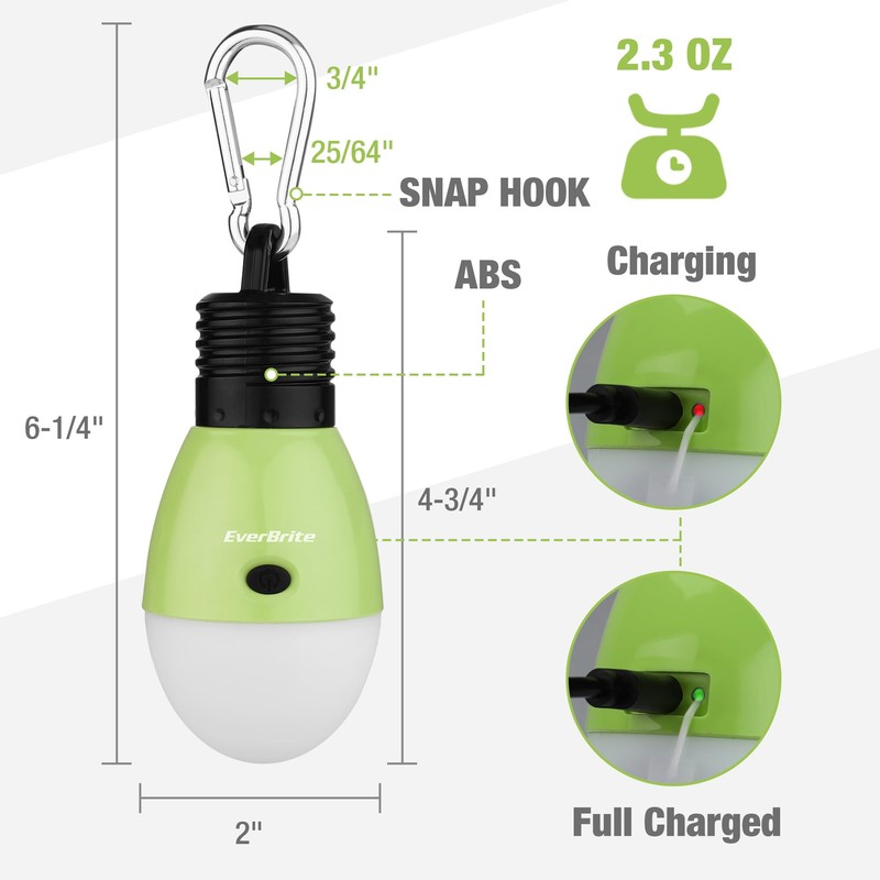EverBrite Rechargeable Camping Light, 3 Modes with Clip Hook, Green