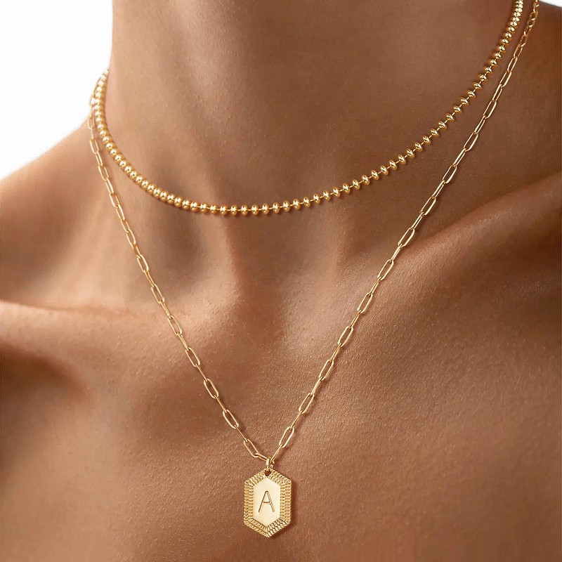 LOYATA Gold Layered Initial Necklaces for Women,14K Gold Plated Double