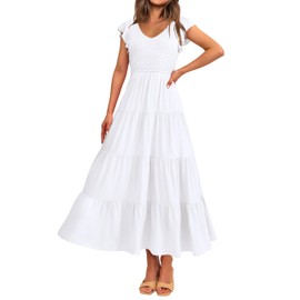 MASCOMODA Womens Summer Maxi Dress Casual V Neck Cap Sleeve Smocked Dresses Ruffle Tiered Beach Party Long Flowy Sundresses(White,Small)
