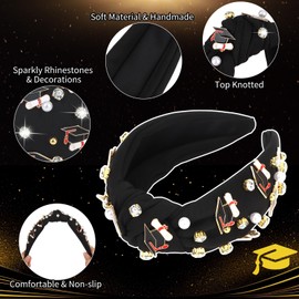 YARIEW Graduation Cap Headband Knotted Headbands for Women Top Knot Jeweled Headband for Graduation Decorations 2025 Graduation Party Favors Grad Party Decorations Black
