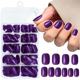 AddFavor Short Press on Nails Short Square Round Fake Nails Glossy Full Cover Acrylic Artificial Glue on Nails for Women, 240pc/pack Deep Purple Nails, Sticky Tabs, Nail File