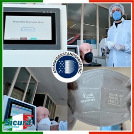 50 x CE-certified FFP3 masks, blue with black rubber bands, made in Italy with printed SICURA logo, PFE ≥99% BFE ≥99%, sanified, individually sealed
