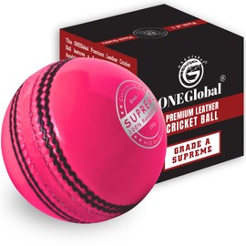 ONEGlobal Supreme Leather Cricket Ball | 100% Handstitched, 156g - 5.5oz, 4-Piece Premium Leather, Waterproofing | Match Quality Hard Cricket Balls for League Maches, Net Practice etc. (3-Pink)