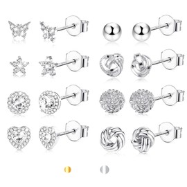 MILACOLATO Sterling Silver Stud Earrings for Women, 8 Pairs Hypoallergenic 925 Silver Studs, Flower Butterfly Love Knot Ball Heart Cubic Zirconia Small Earring Set for Teens Girls