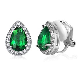 SELOVO Teardrop Green Cubic Zirconia Clip On Earrings Stud Silver Tone