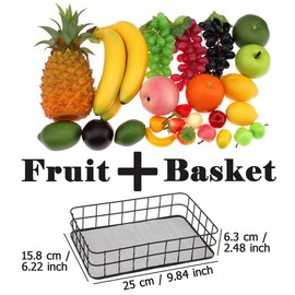Woration Black Fruit Basket + 25 PCS Artificial Fruit Set Simulation Vivid Fake Mini Fruit Pineapple 3 Heads Banana Grape Lemon Apple Pear Table Centerpiece Home Decoration