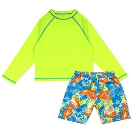 Boys Swim Set with Long Sleeve Rash Guard, Swim Shorts (Neon Yellow, Size 7-8 Years)