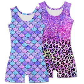 Taubow 2 Packs Gymnastics Leotards for Girls Size 5 6 Kids Biketard with Shorts Dance Leotard Gradient Purple Mermaid Leopard Unitard
