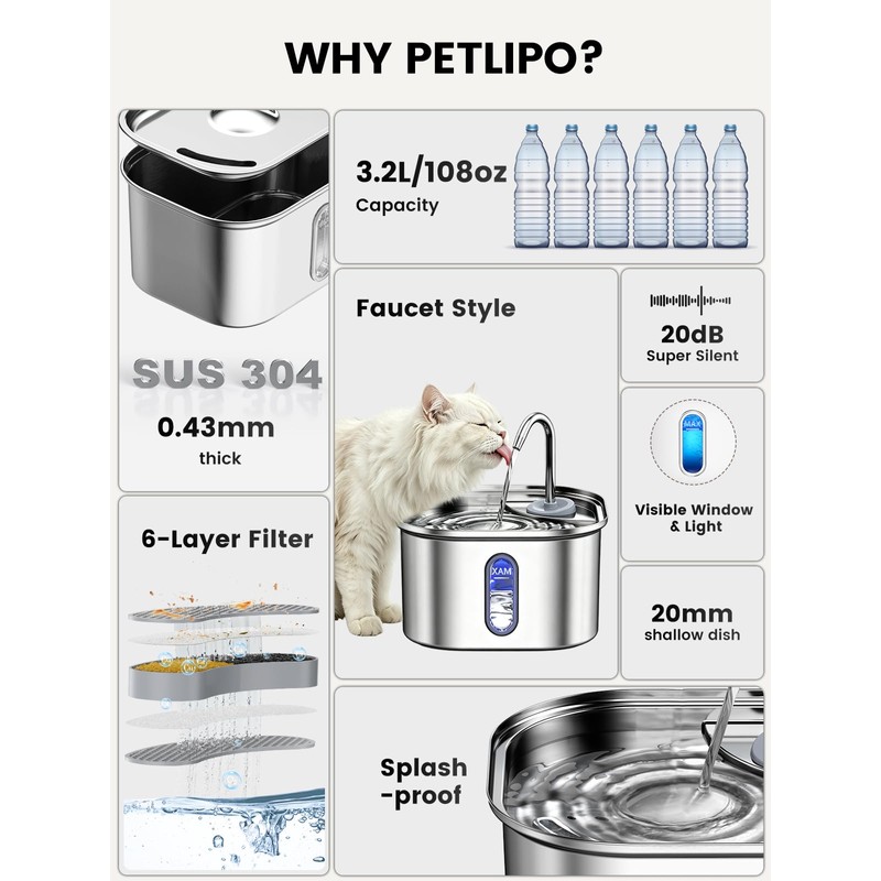 Stainless Steel Cat Water Fountain for Cats Indoor 3.2L 108oz