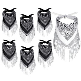 Kathfly 7 Pieces Cowgirl Bachelorette Bandanas Last Disco Party Decorations Fringe Paisley Head Bandana with Tassel(Black, White)