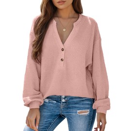 Dokotoo Womens Henley Shirts Trendy Fashion 2025 Fall Clothes Waffle Knit Blouse Dressy Casual V Neck White Tee Top Loose Fit Oversized Outifits Long Lantern Sleeve Cute Shirts Pink XX-Large