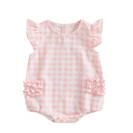 Infant Newborn Baby Girl Summer Outfit One Piece Smocked Romper Ruffle Sleeve Plaid Playsuit Headband 3 6 9 12 18M (Pink Plaid, 0-3 Months)
