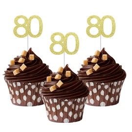 Sumerk 24PCS 80 Cupcake toppers Gold Glitter 80th Birthday Cupcake Picks Anniversary Party Decorations