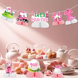 Jollyboom Golf Themed Party Decorations for Girls, 8pcs Pink Golf Let 's Par-Tee Honeycomb Centerpiece Golf Table Centerpieces Table Toppers for Golf Themed Birthday Baby Shower Sports Theme Party