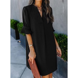 Wkior Summer Dress for Women Short Sleeve Solid Color Loose Casual Elegant Dress Black M