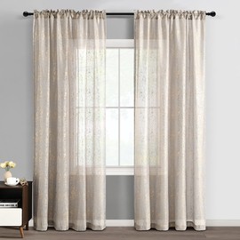 TERLYTEX Grey Gold Sheer Curtains 84 Inch Length, Metallic Gold Foil Sparkle Glitter Sheer Curtains for Living Room, Rod Pocket Privacy Sheer Window Curtains, 52 x 84 Inch, 2 Panels, Grey Gold