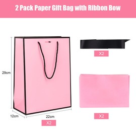 ZJHiome Gift Bags for Presents, 2 Pack Medium Paper Bags with Bow Ribbon Tissue Paper Cards Thank You Gift Bag with Handles for Christmas Holiday Birthday Shopping Bags(Pink,Black)